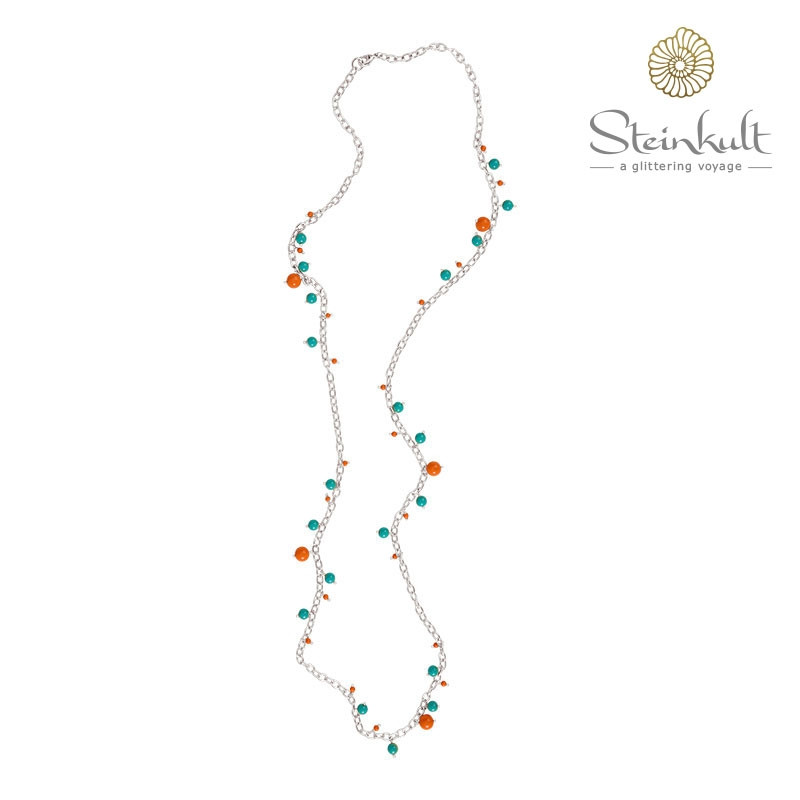 Long Necklace with dangling Swarovski Jade- & Coralpearls 